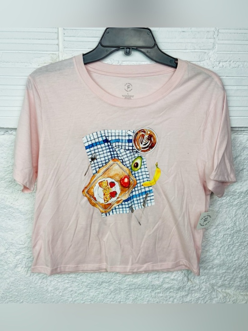NWT To Be Honest Pink Cropped Breakfast Graphic Tee size large